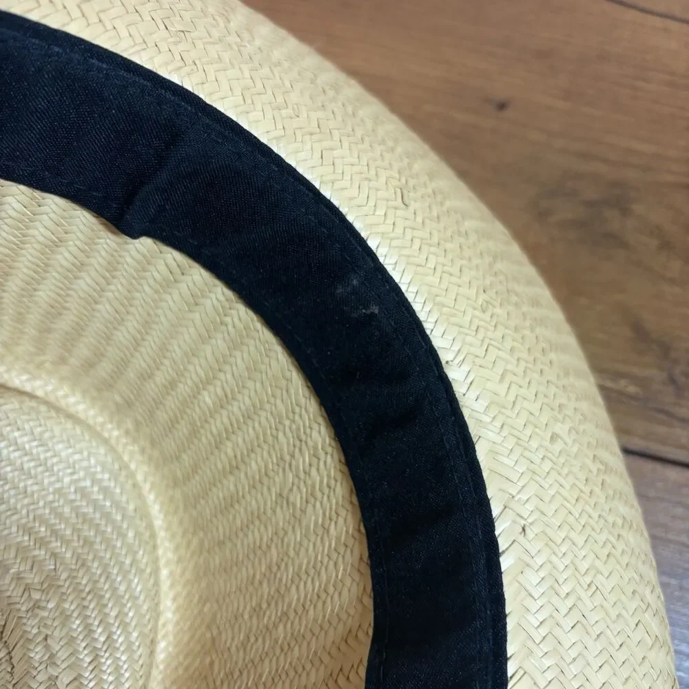 Vintage Straw Fedora Panama Hat Floral Scarf Band Wide Brim Summer Beach